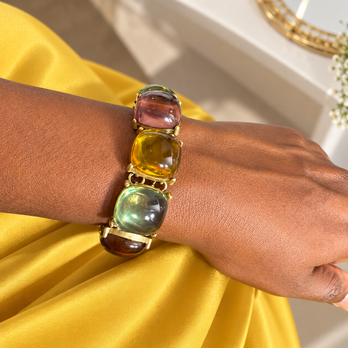 Gold Multi-Color Gemstone Cabochon Bracelet