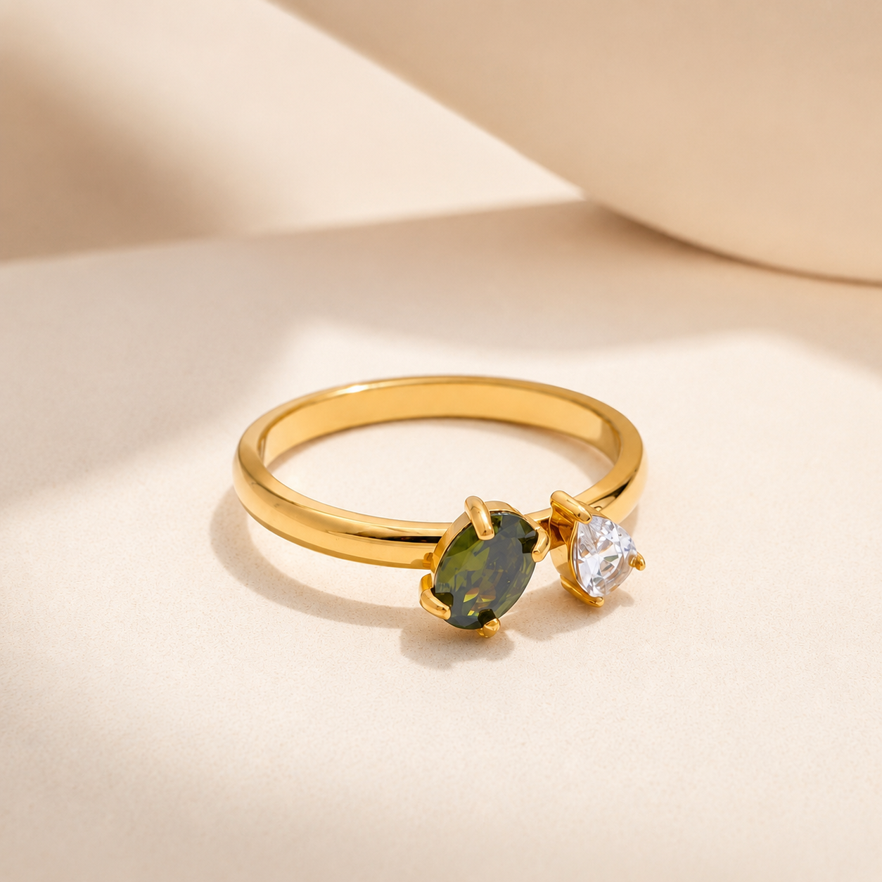 Gold Olive & Clear Gemstone Ring | Waterproof Toi et Moi Ring