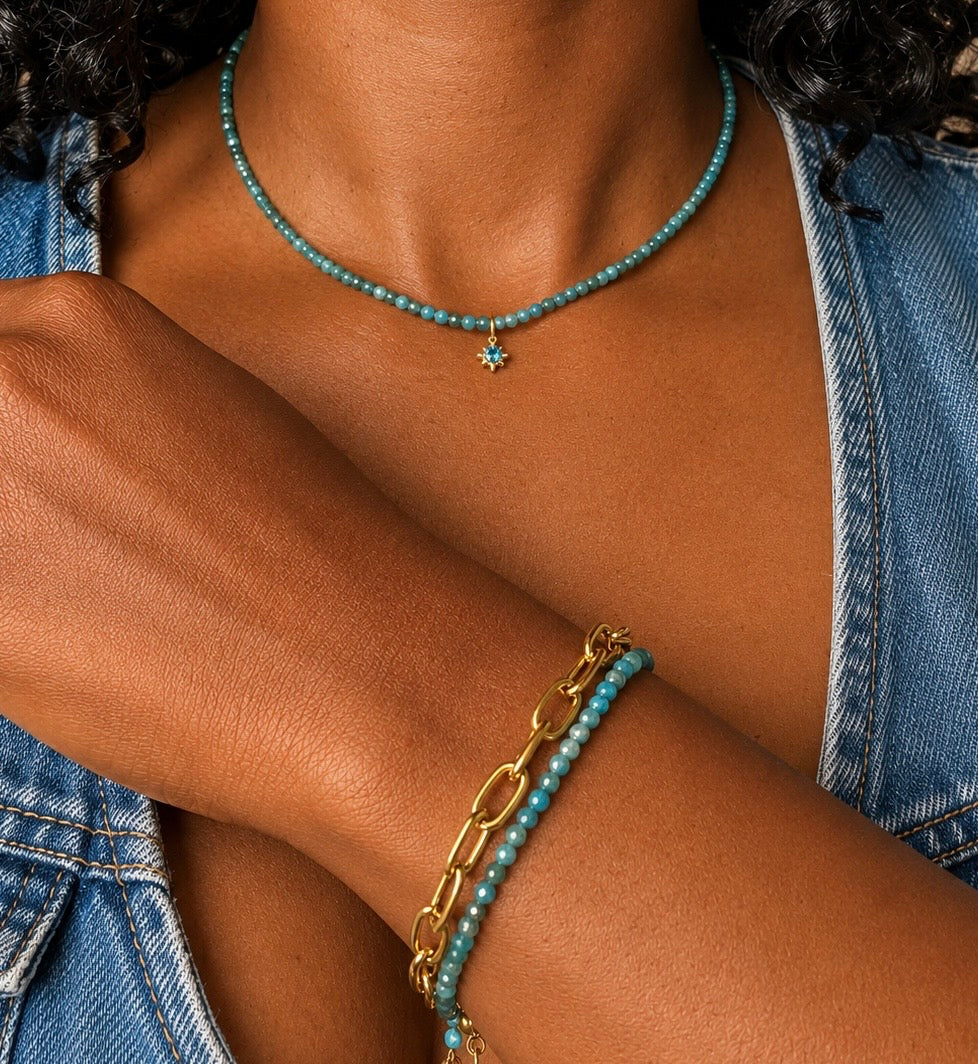 Gold PVD Blue Apatite Beaded Starburst Necklace | Waterproof