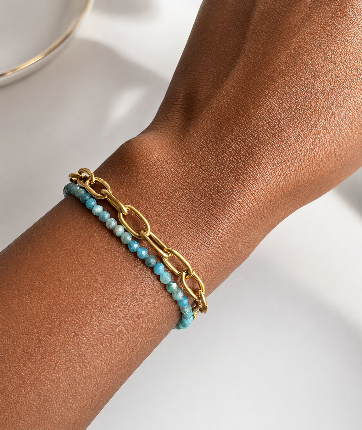 Gold PVD Blue Apatite Beaded Bracelet | Waterproof