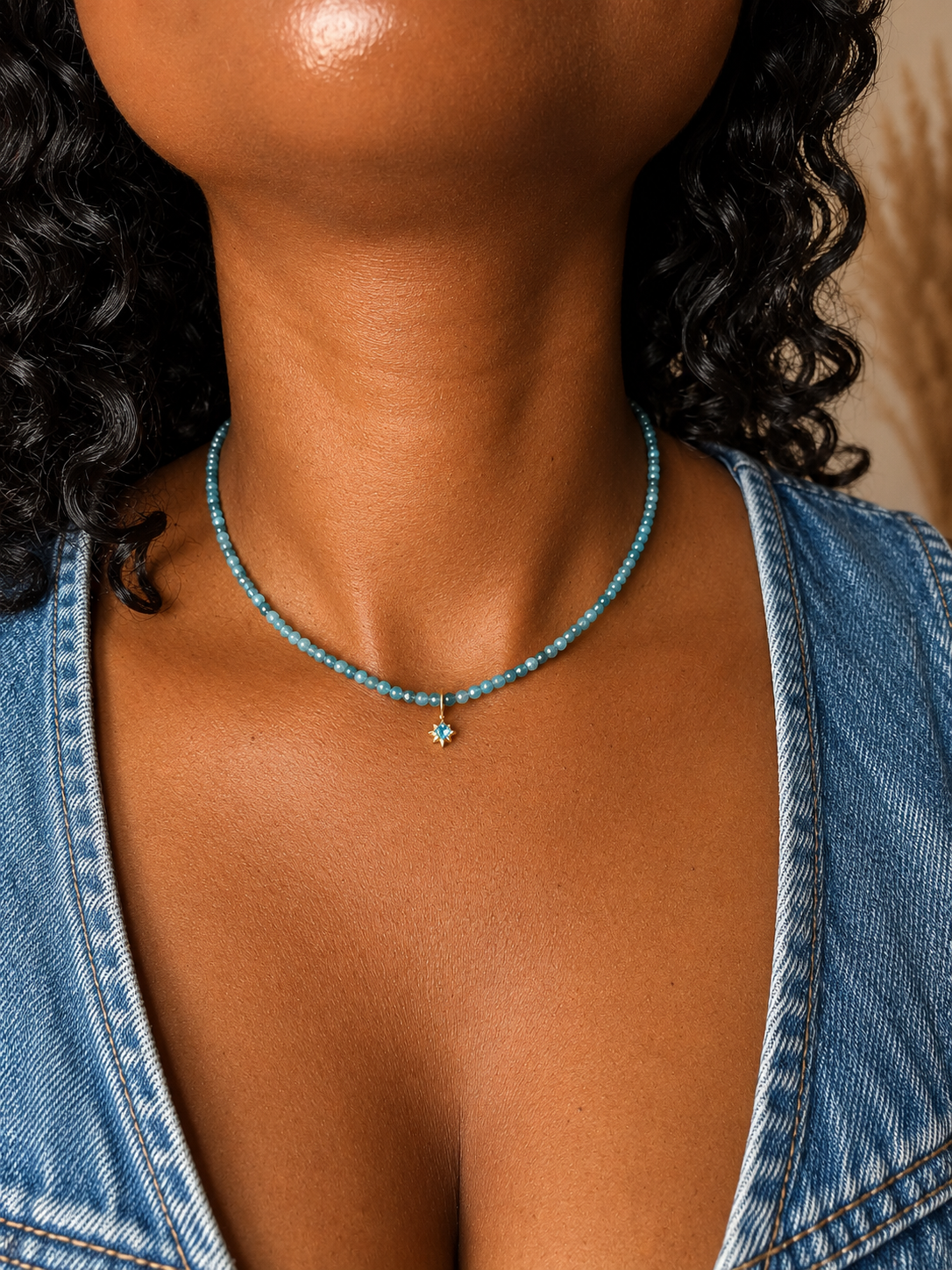 Gold PVD Blue Apatite Beaded Starburst Necklace | Waterproof