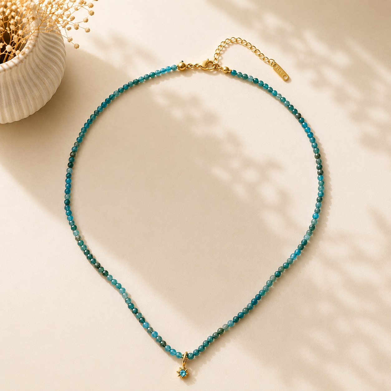 Gold PVD Blue Apatite Beaded Starburst Necklace | Waterproof