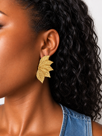 Gold PVD Textured Leaf Statement Stud Earrings | Waterproof