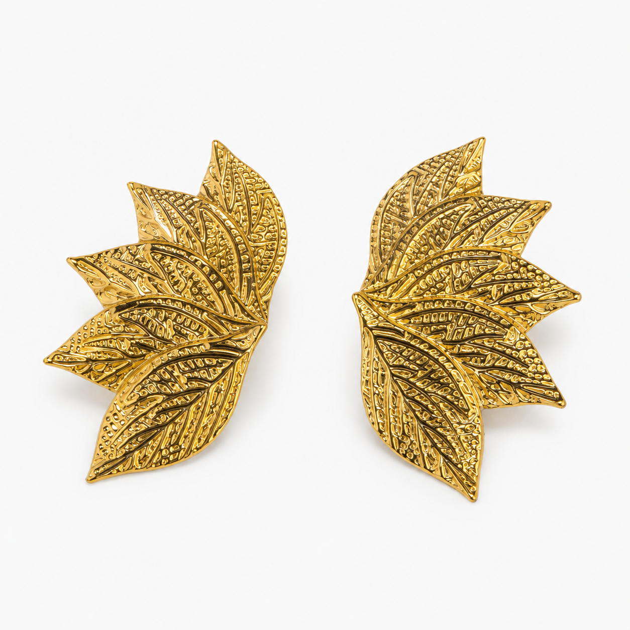 Gold PVD Textured Leaf Statement Stud Earrings | Waterproof
