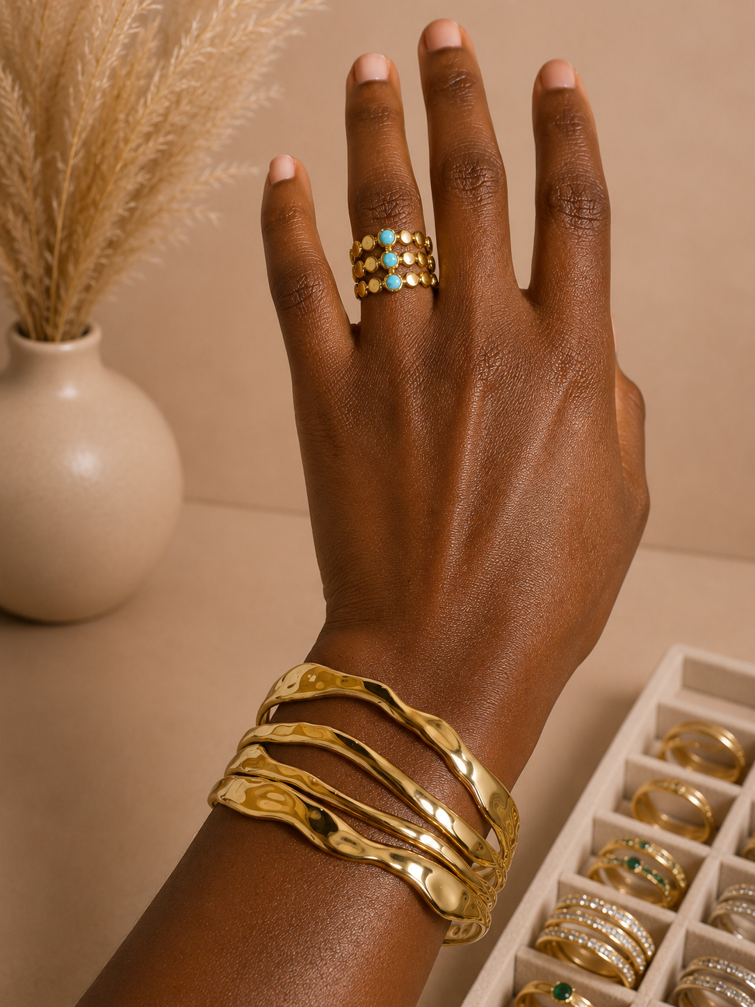 Gold Wavy Multi-Band Cuff Bracelet | Waterproof