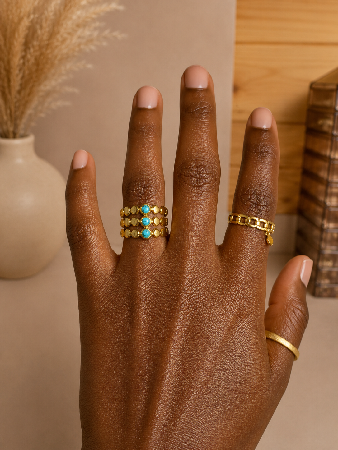 Gold PVD Triple Band Turquoise Ring | Waterproof
