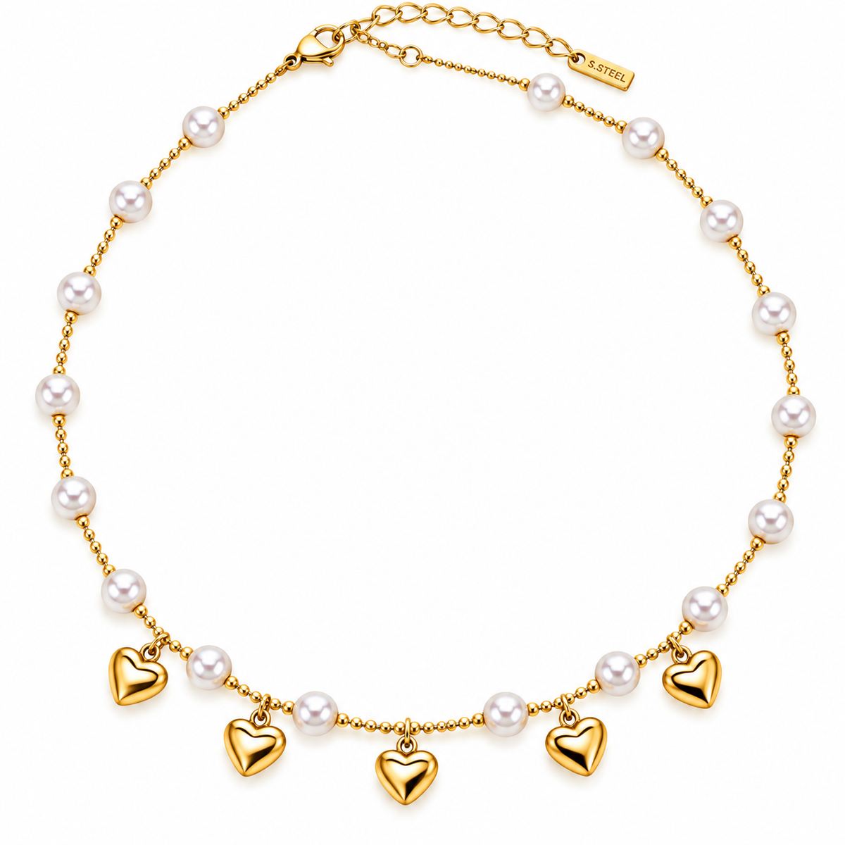 Gold Pearl Station & Heart Charm Necklace