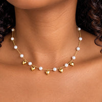Gold Pearl Station & Heart Charm Necklace