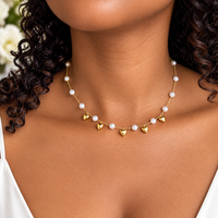 Gold Pearl Station & Heart Charm Necklace