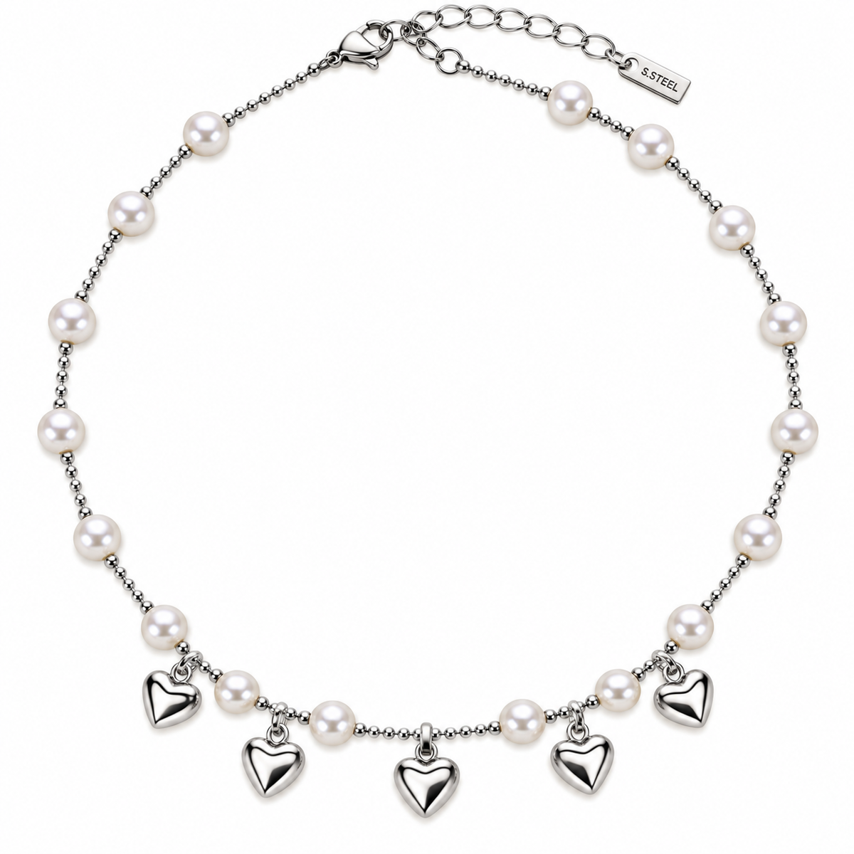 Gold Pearl Station & Heart Charm Necklace