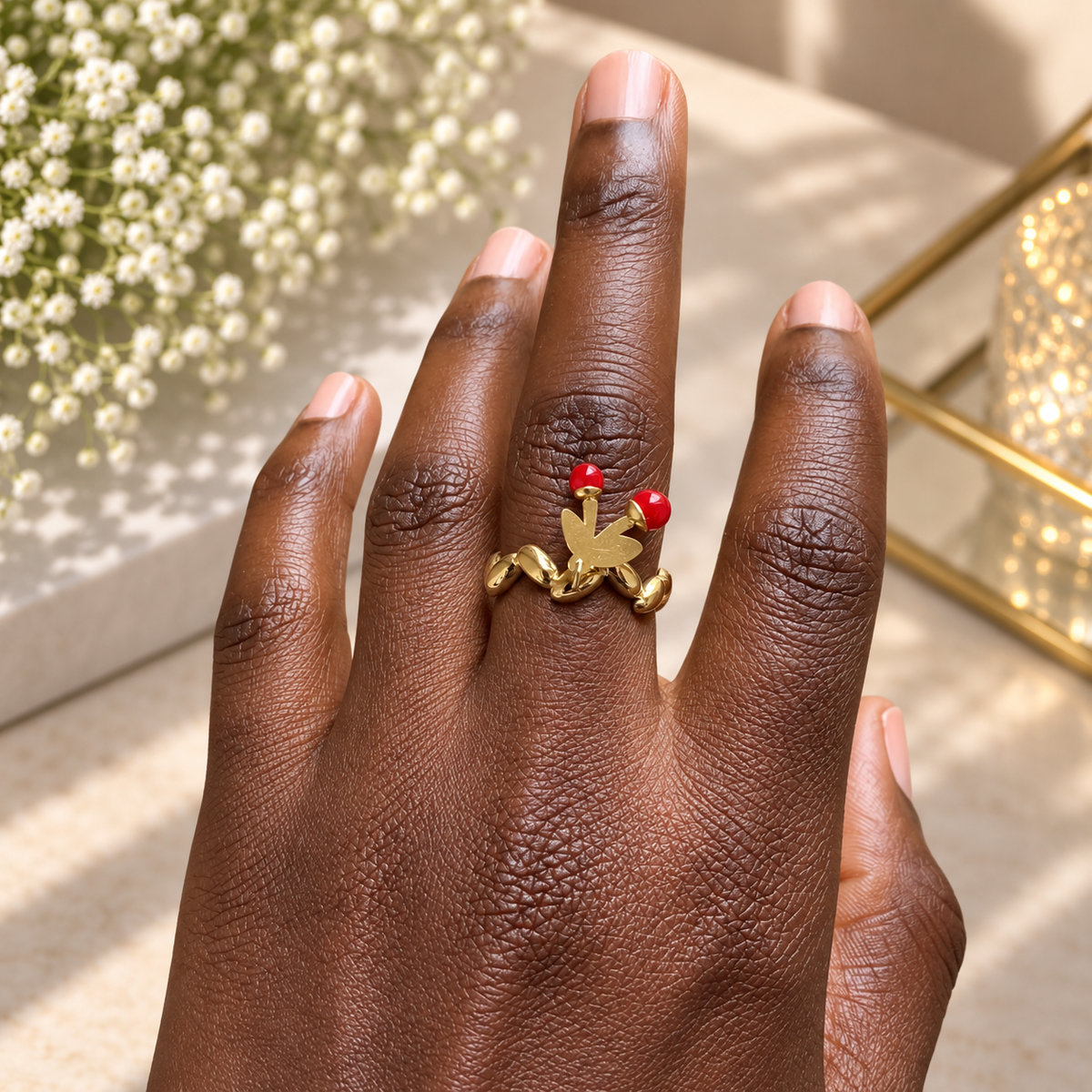 Gold Red Cherry Charm Adjustable Ring