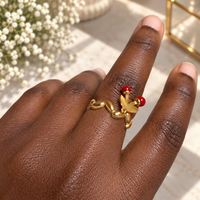 Gold Red Cherry Charm Adjustable Ring