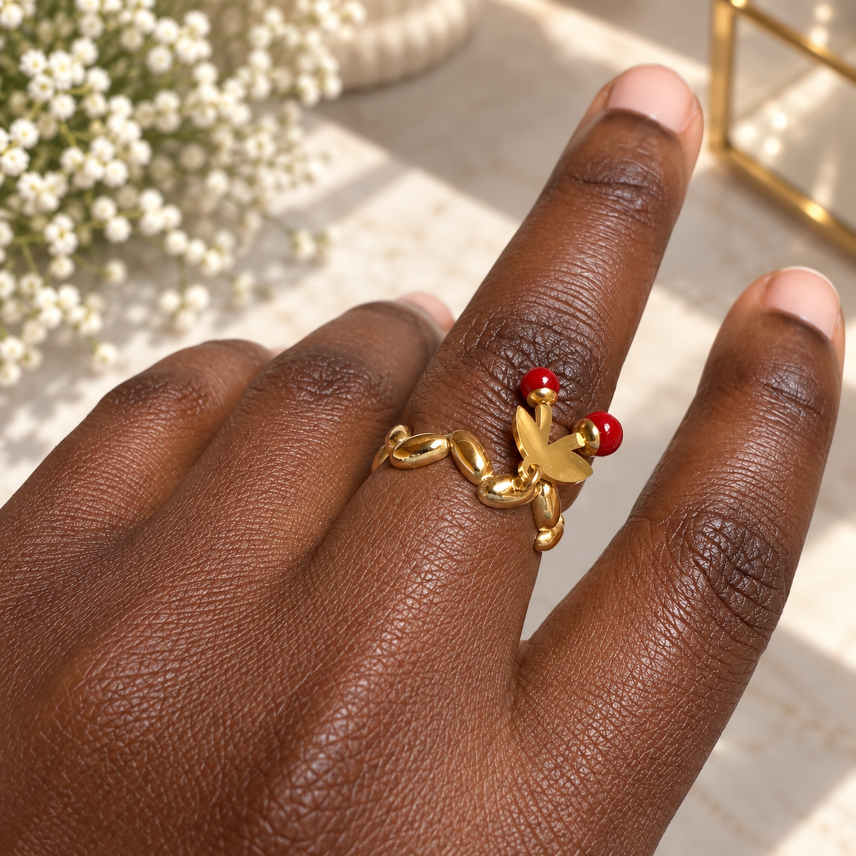 Gold Red Cherry Charm Adjustable Ring
