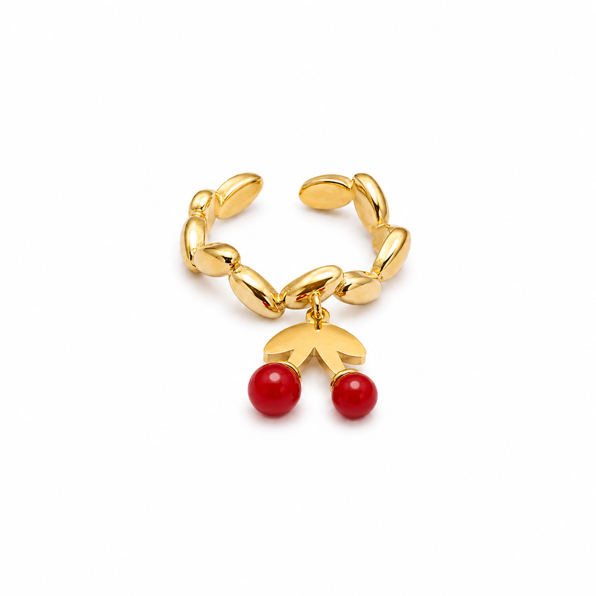 Gold Red Cherry Charm Adjustable Ring