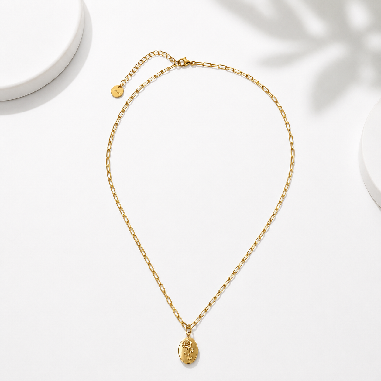 Gold Rose Medallion Pendant Necklace | Waterproof Paperclip Chain