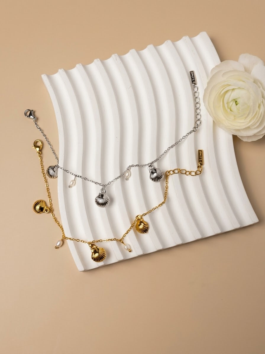 Gold Seashell & Pearl Charm Bracelet