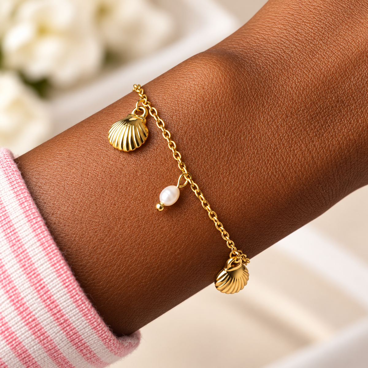 Gold Seashell & Pearl Charm Bracelet