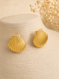 Gold Seashell Statement Stud Earrings | Ribbed Scallop Shell Posts