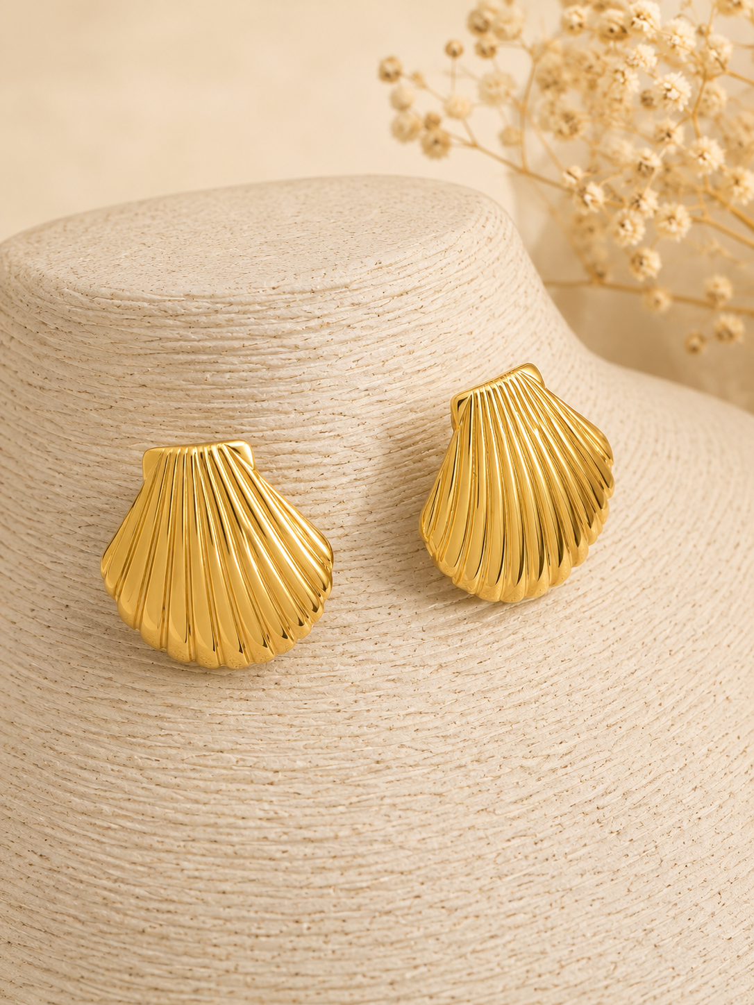Gold Seashell Statement Stud Earrings | Ribbed Scallop Shell Posts