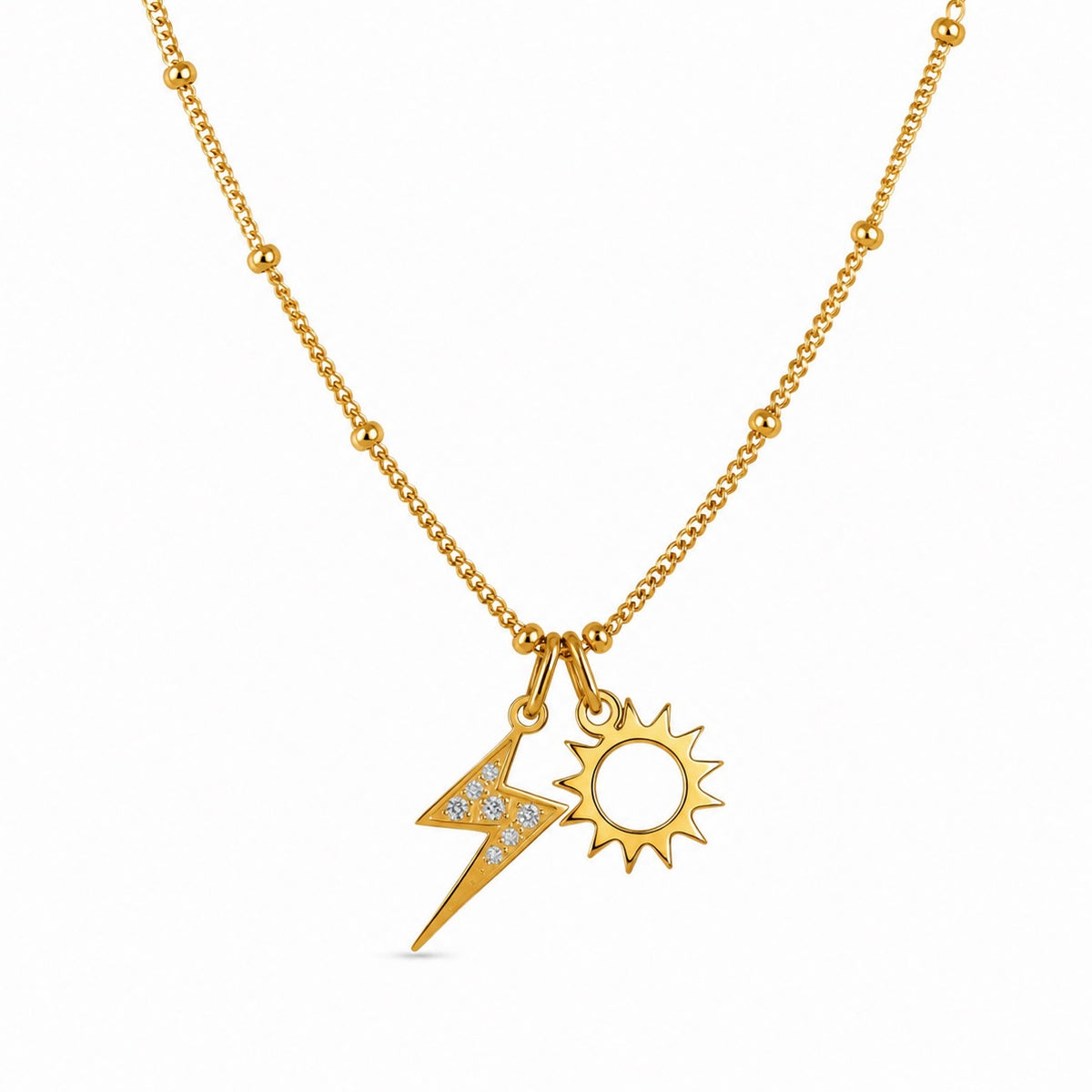 Gold Sun and Lightning Bolt Charm Satellite Necklace
