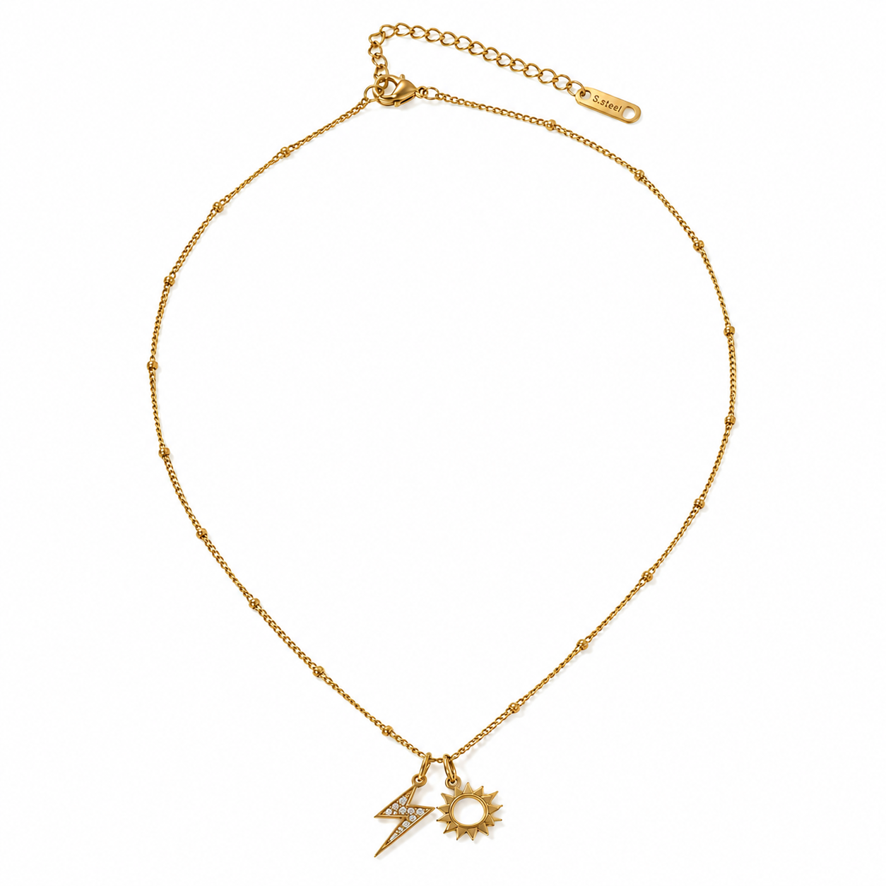 Gold Sun and Lightning Bolt Charm Satellite Necklace