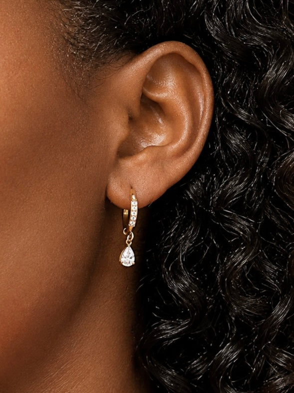 Gold Teardrop CZ Huggie Hoop Earrings