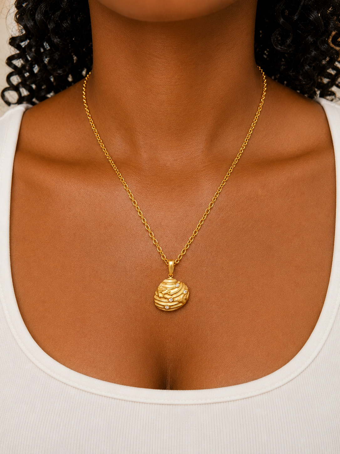 Gold Textured Abstract Dome Pendant Necklace