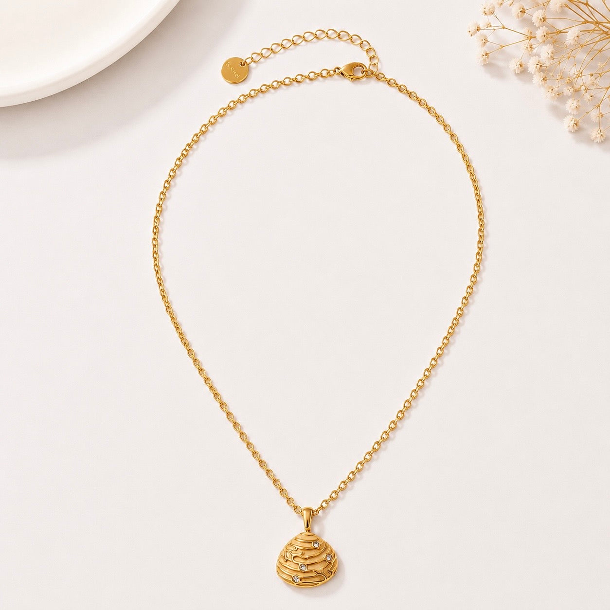 Gold Textured Abstract Dome Pendant Necklace