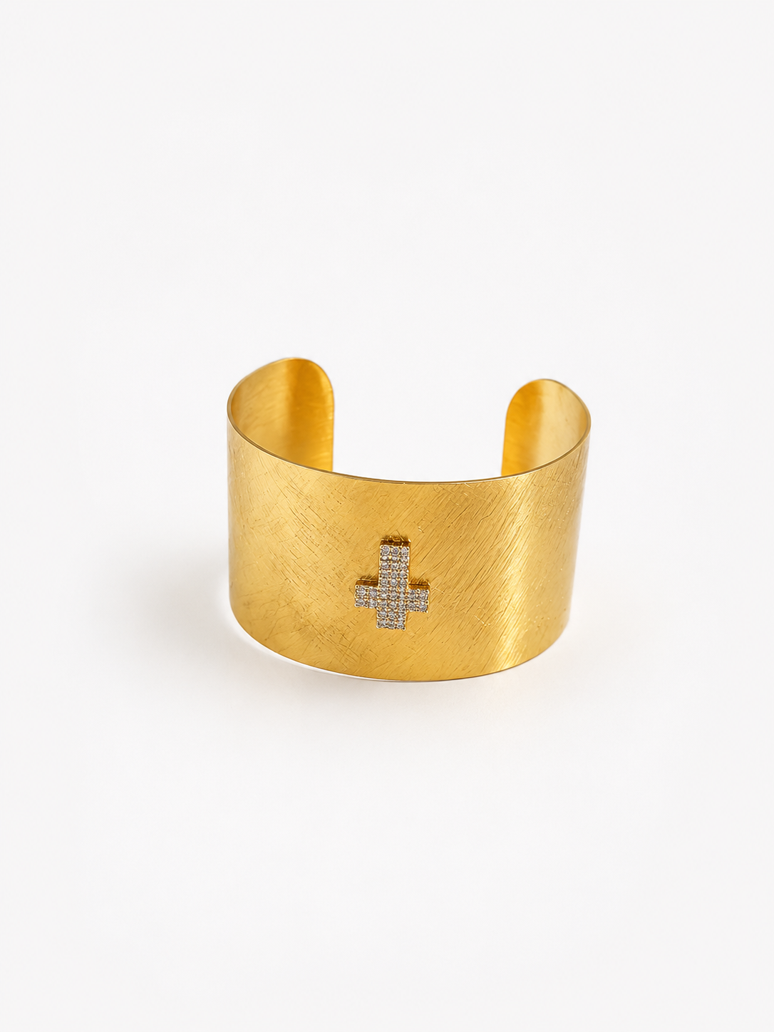 Gold Textured Wide Cuff Bracelet with Crystal Cross