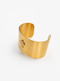 Gold Textured Wide Cuff Bracelet with Crystal Cross