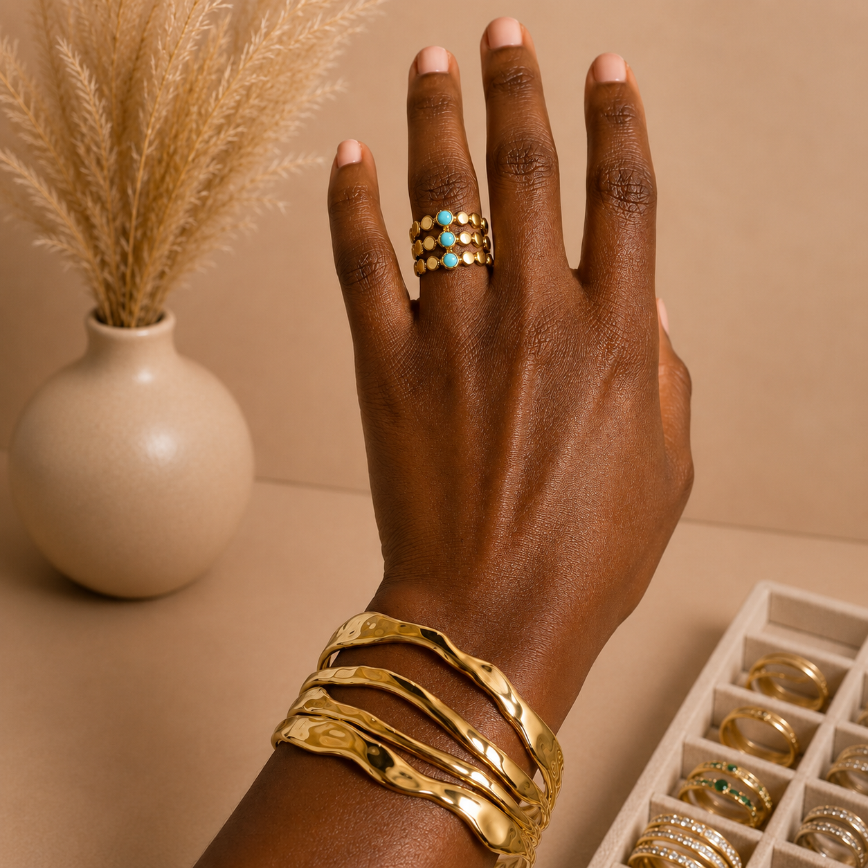Gold Wavy Multi-Band Cuff Bracelet | Waterproof