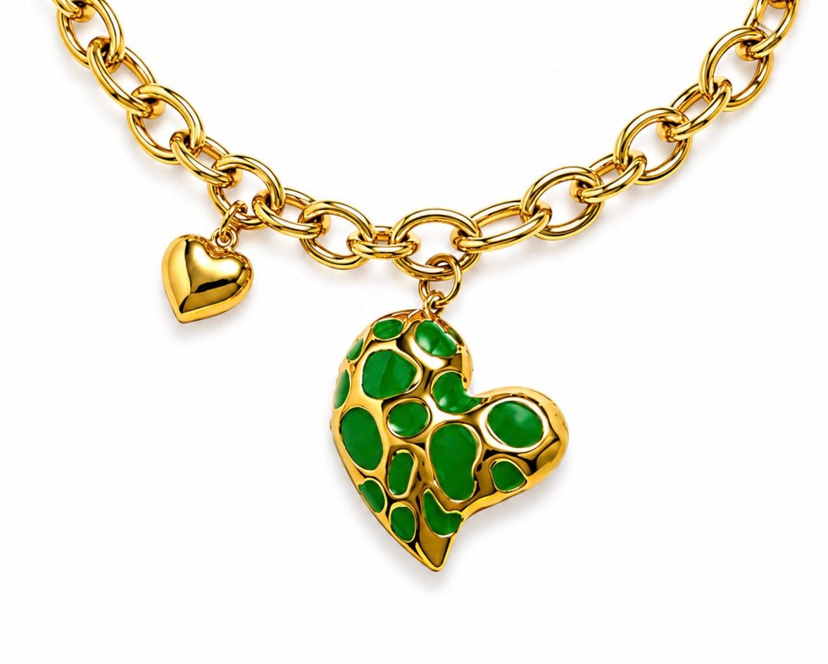 Green Enamel Heart Charm Chain Necklace | Waterproof Gold