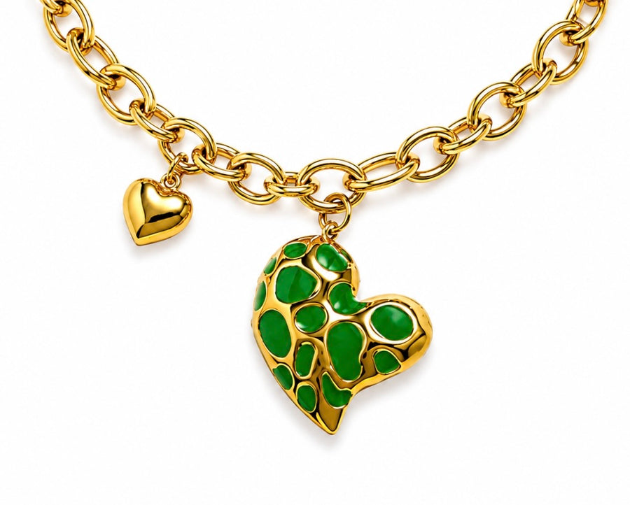 Green Enamel Heart Charm Chain Necklace | Waterproof Gold