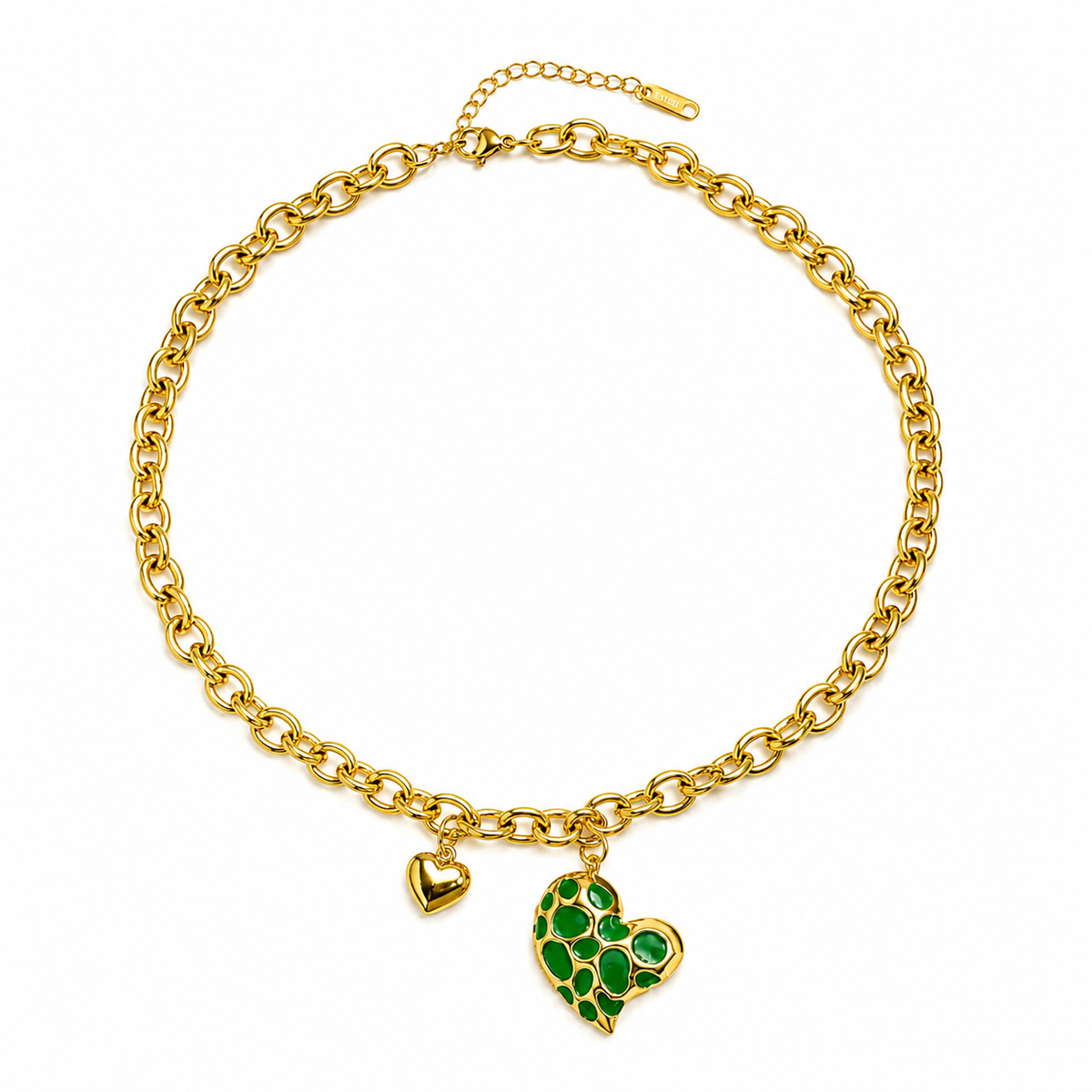 Green Enamel Heart Charm Chain Necklace | Waterproof Gold