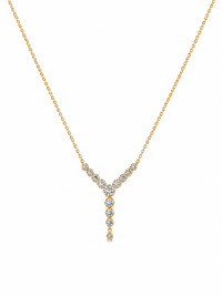 Gold Lumina Y-drop necklace featuring an elegant plunging chevron design adorned with a cascading line of brilliant round-cut clear crystals.