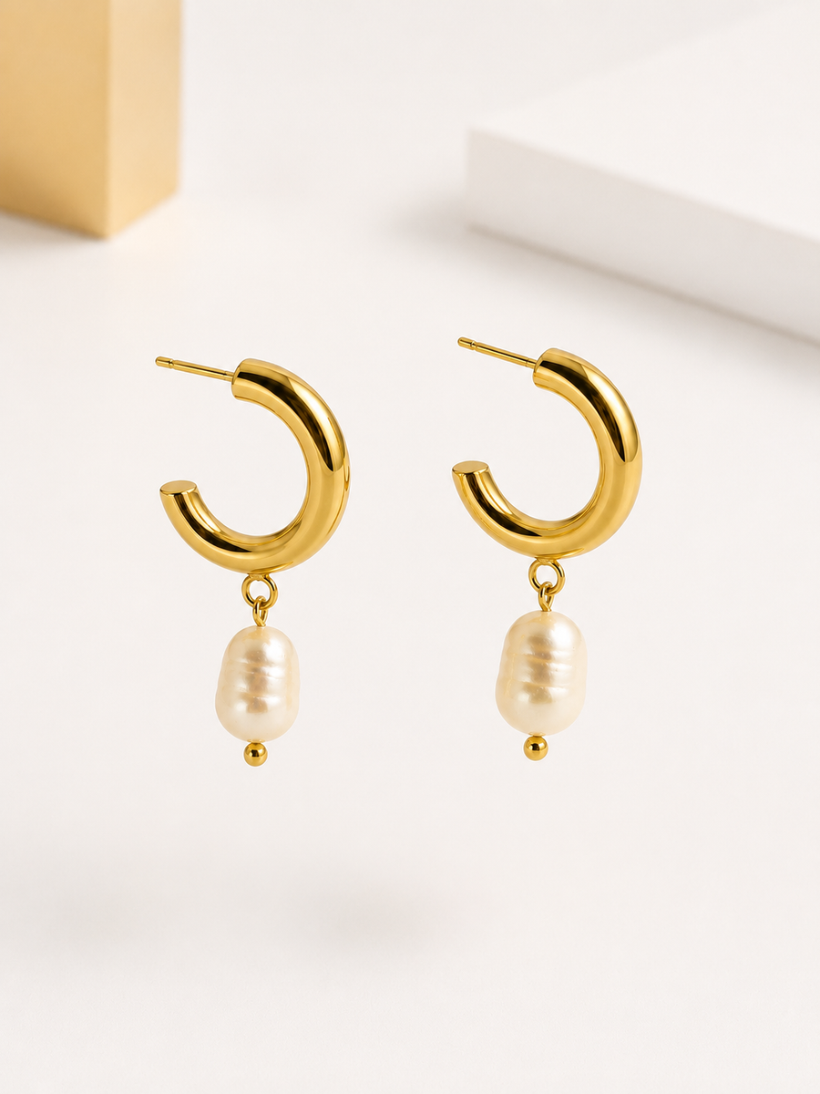 Manco 18K Gold Baroque Pearl Drop Hoop Earrings | Tarnish-Free C-Hoops