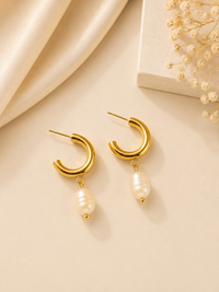 Manco 18K Gold Baroque Pearl Drop Hoop Earrings | Tarnish-Free C-Hoops