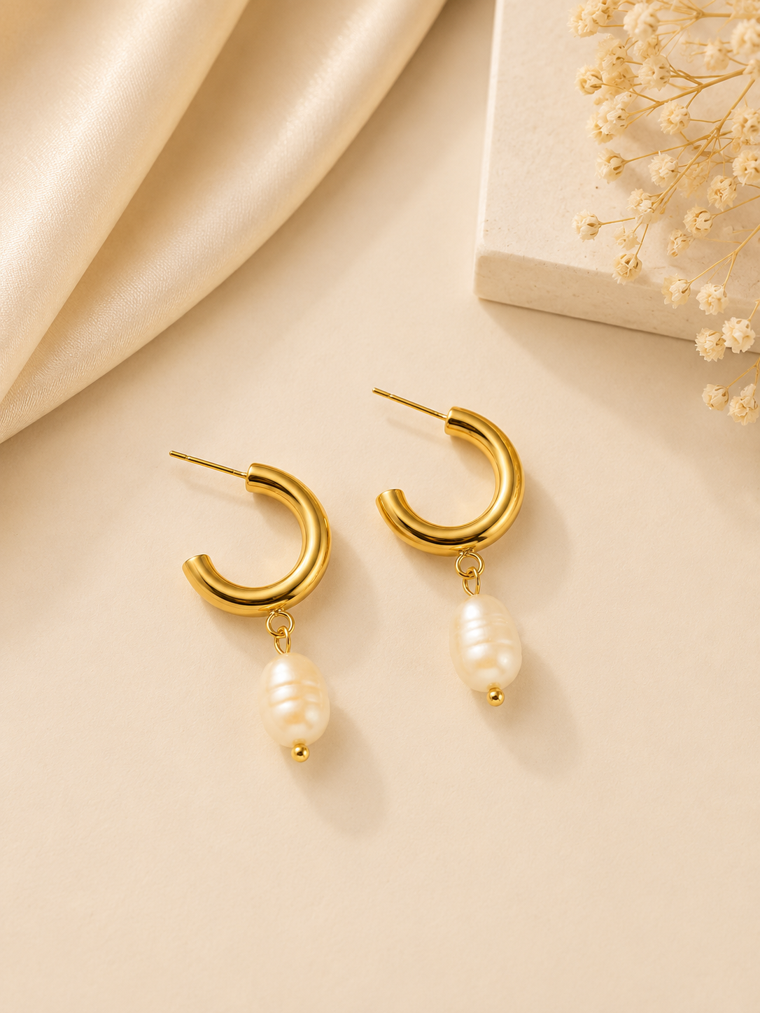 Manco 18K Gold Baroque Pearl Drop Hoop Earrings | Tarnish-Free C-Hoops
