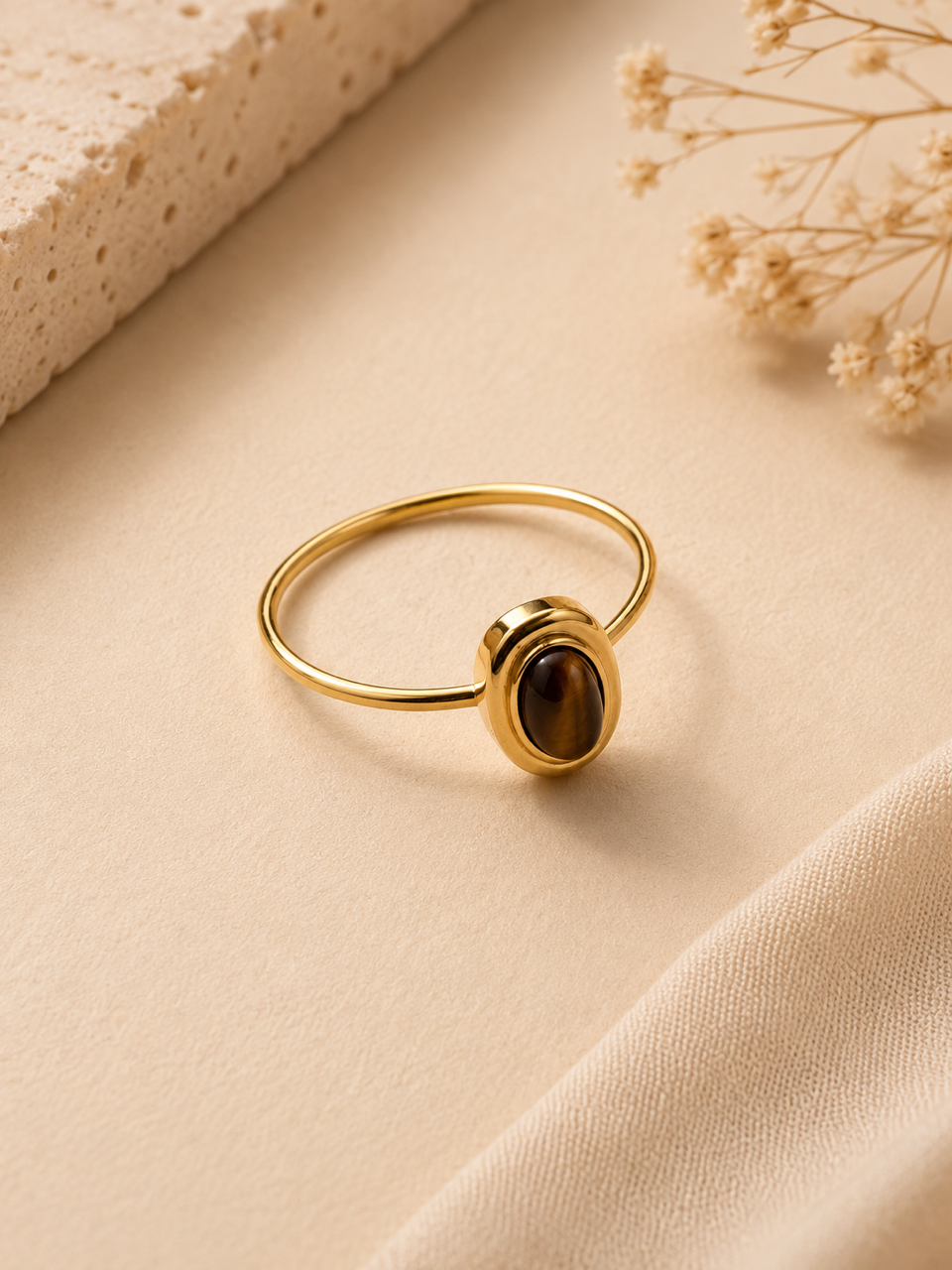 Minimalist Tiger’s Eye Oval Stone Ring