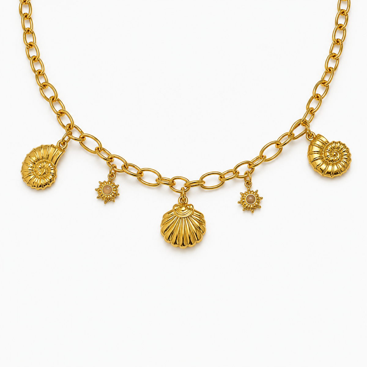 Ocean Shell & Sun Charm Chain Necklace | Waterproof Gold