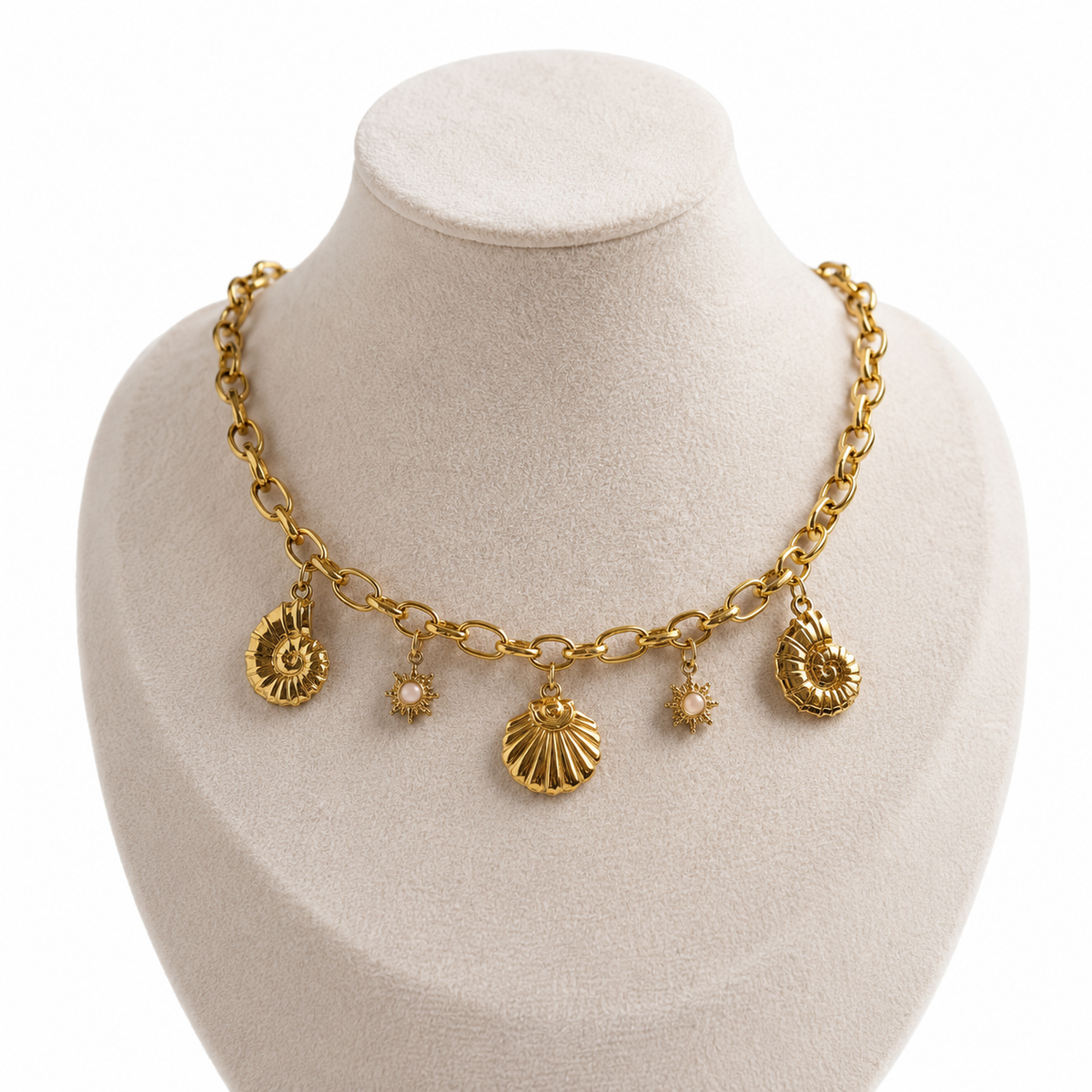 Ocean Shell & Sun Charm Chain Necklace | Waterproof Gold