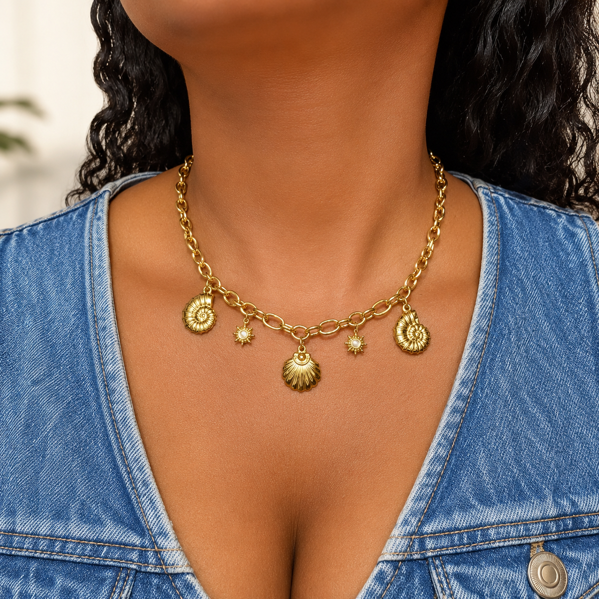 Ocean Shell & Sun Charm Chain Necklace | Waterproof Gold