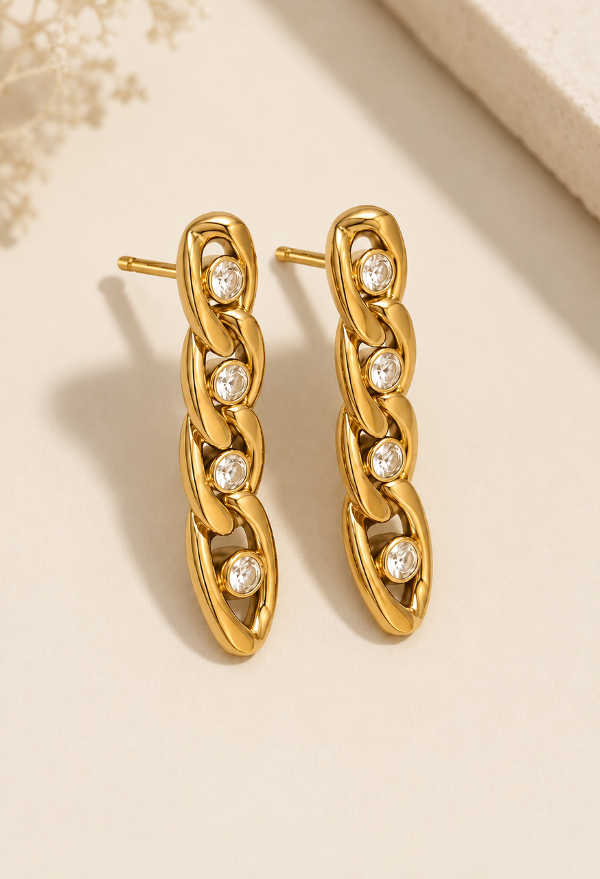 Stainless Steel CZ Link Stud Earrings