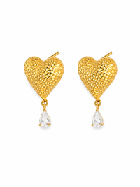Textured Gold Heart Drop Earrings | Pear Crystal Studs
