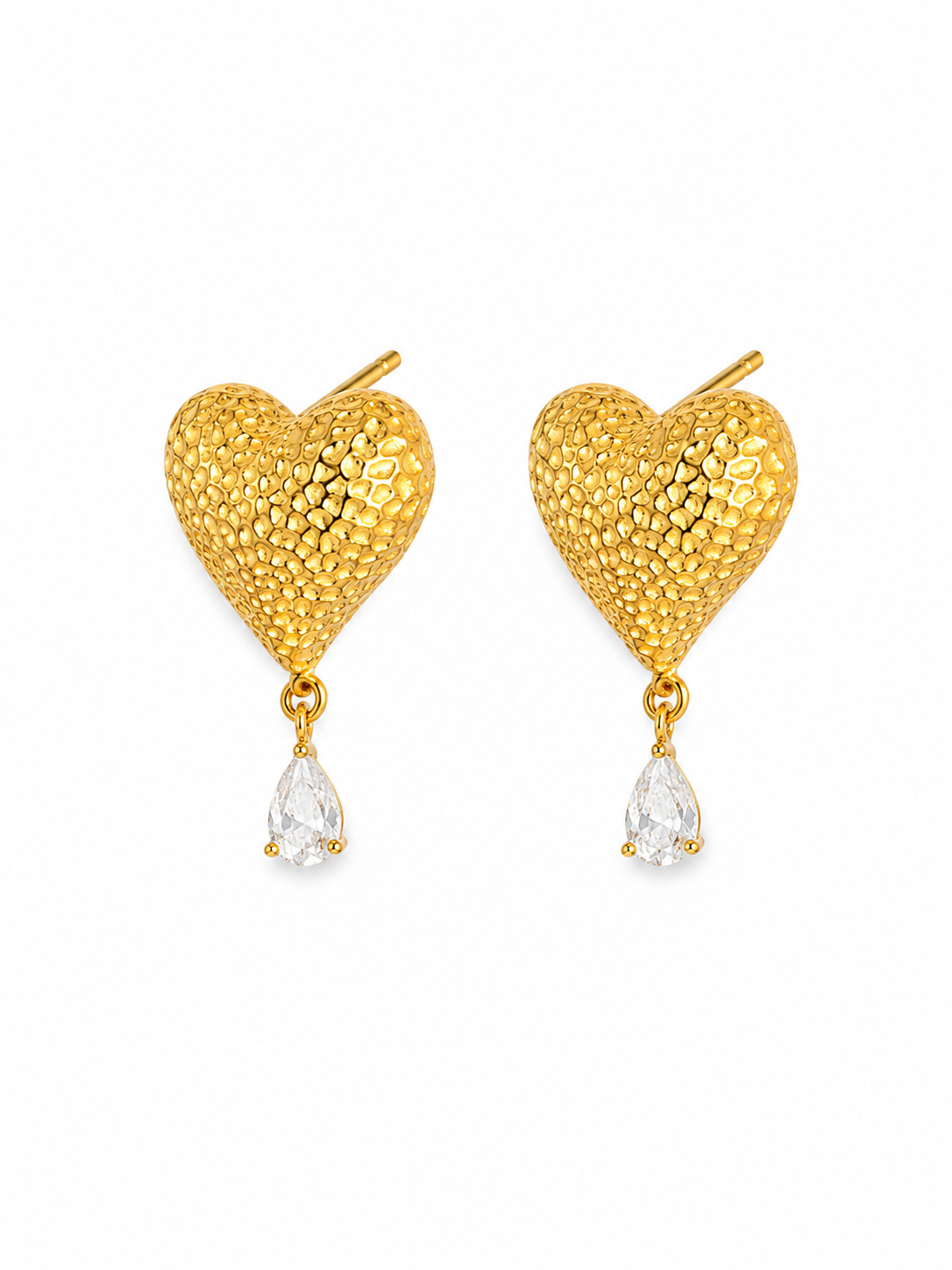Textured Gold Heart Drop Earrings | Pear Crystal Studs
