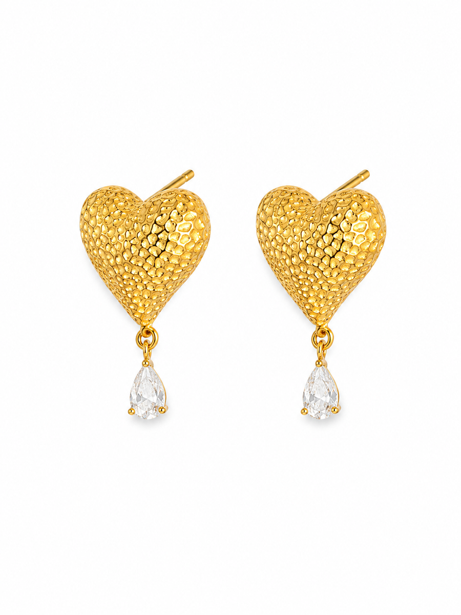 Textured Gold Heart Drop Earrings | Pear Crystal Studs