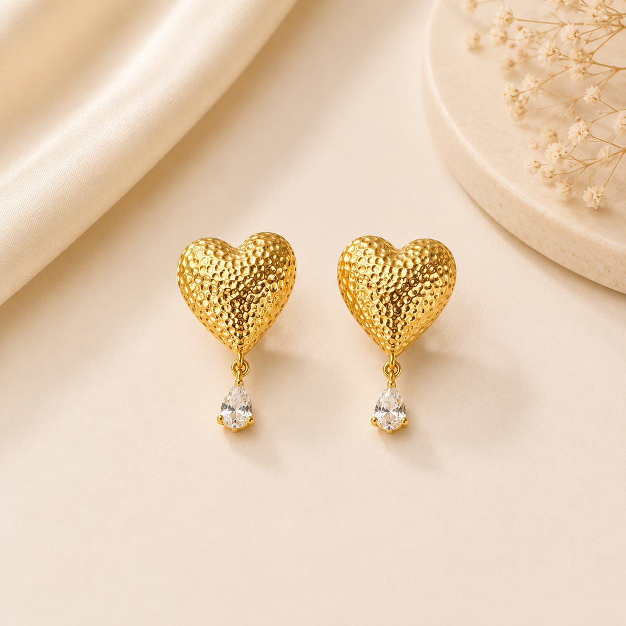 Textured Gold Heart Drop Earrings | Pear Crystal Studs