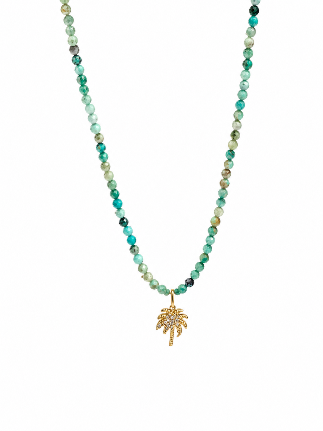 Gold palm tree pendant on a turquoise beaded necklace