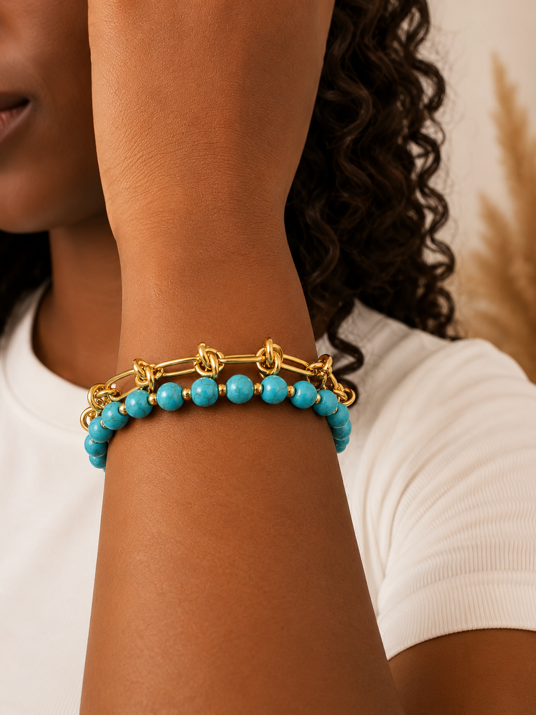 Turquoise Bead & Gold Accent Bracelet | Waterproof