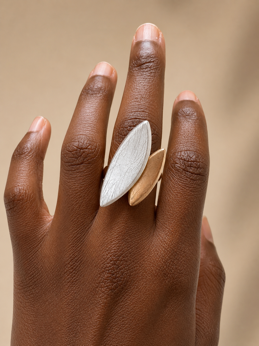 Two-Tone Textured Leaf Statement Ring - Mixed Metal